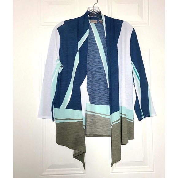 Chicos Size 1 US M Lightweight Cardigan Open Front Tie Color Block 3/4 Sleeves - Picture 1 of 11